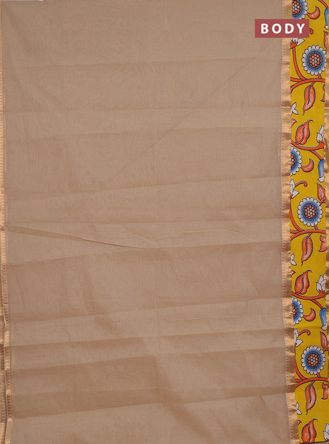 Mangalagiri cotton saree beige and yellow with plain body and long zari woven kalamkari printed border & blouse