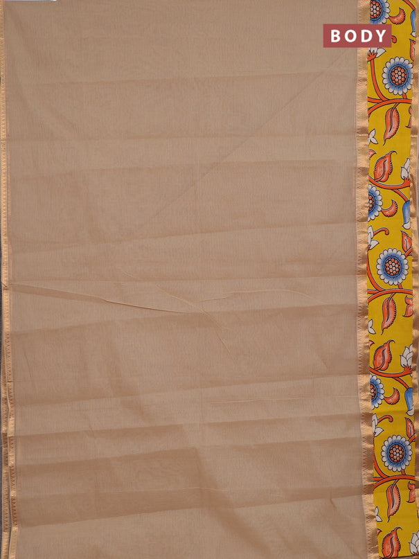 Mangalagiri cotton saree beige and yellow with plain body and long zari woven kalamkari printed border & blouse