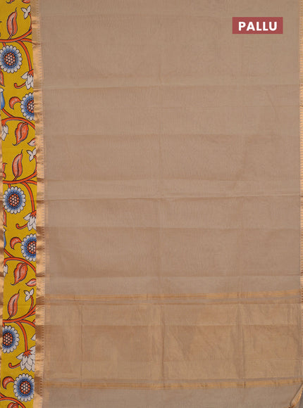 Semi mangalagiri cotton saree beige and yellow with plain body and long zari woven kalamkari printed border & blouse