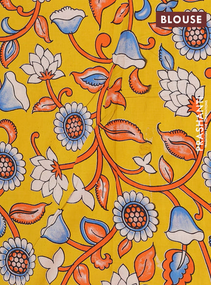 Semi mangalagiri cotton saree beige and yellow with plain body and long zari woven kalamkari printed border & blouse