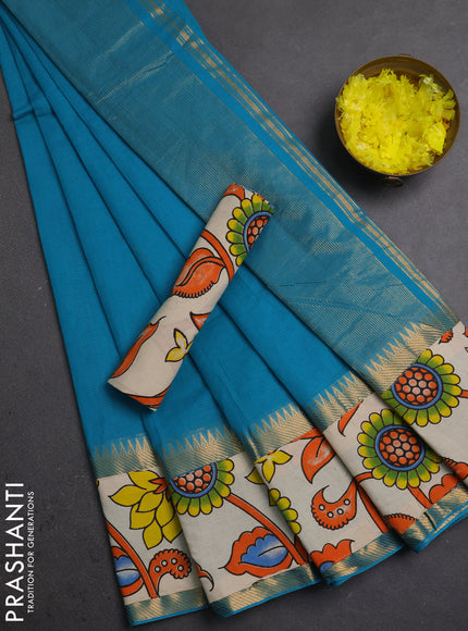 Semi mangalagiri cotton saree teal blue and off white with plain body and long zari woven kalamkari printed border & blouse