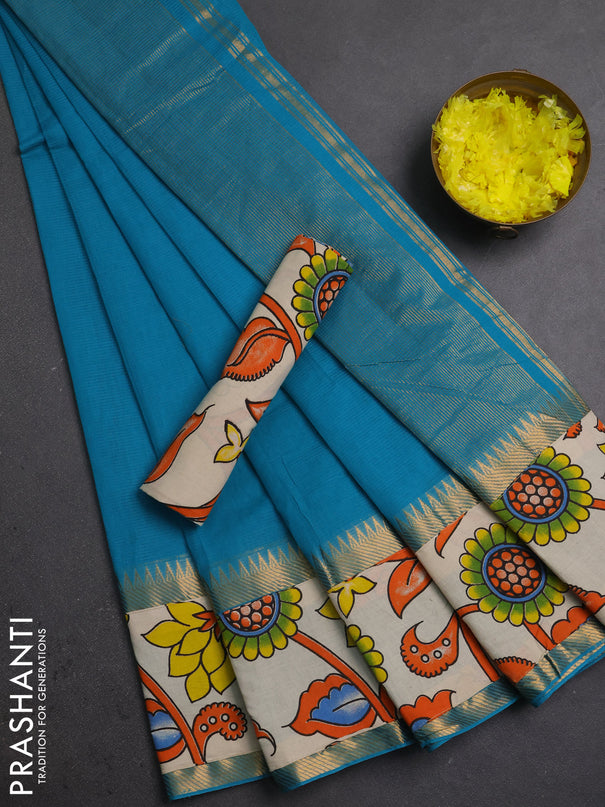 Mangalagiri cotton saree teal blue and off white with plain body and long zari woven kalamkari printed border & blouse