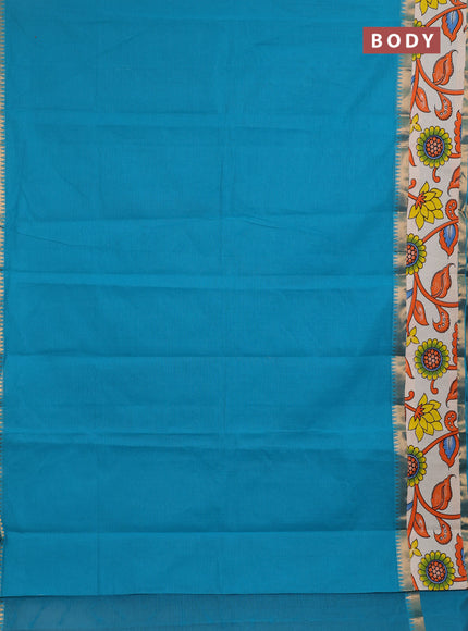 Semi mangalagiri cotton saree teal blue and off white with plain body and long zari woven kalamkari printed border & blouse