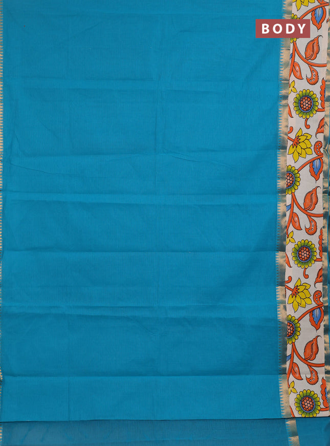 Mangalagiri cotton saree teal blue and off white with plain body and long zari woven kalamkari printed border & blouse