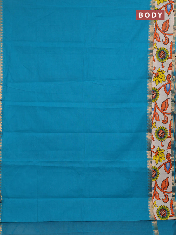 Mangalagiri cotton saree teal blue and off white with plain body and long zari woven kalamkari printed border & blouse