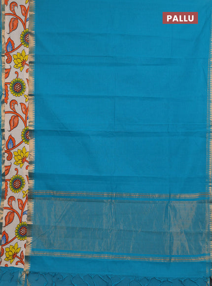 Semi mangalagiri cotton saree teal blue and off white with plain body and long zari woven kalamkari printed border & blouse