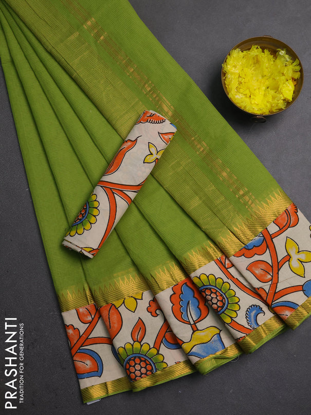 Mangalagiri cotton saree light green and off white with plain body and long zari woven kalamkari printed border & blouse