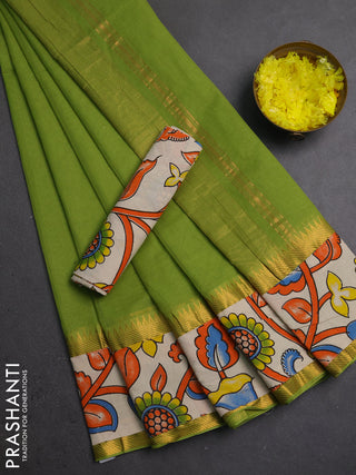 Mangalagiri cotton saree light green and off white with plain body and long zari woven kalamkari printed border & blouse