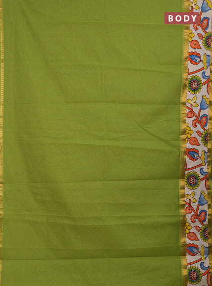 Semi mangalagiri cotton saree light green and off white with plain body and long zari woven kalamkari printed border & blouse