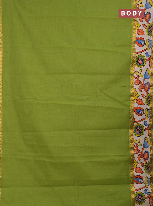 Mangalagiri cotton saree light green and off white with plain body and long zari woven kalamkari printed border & blouse