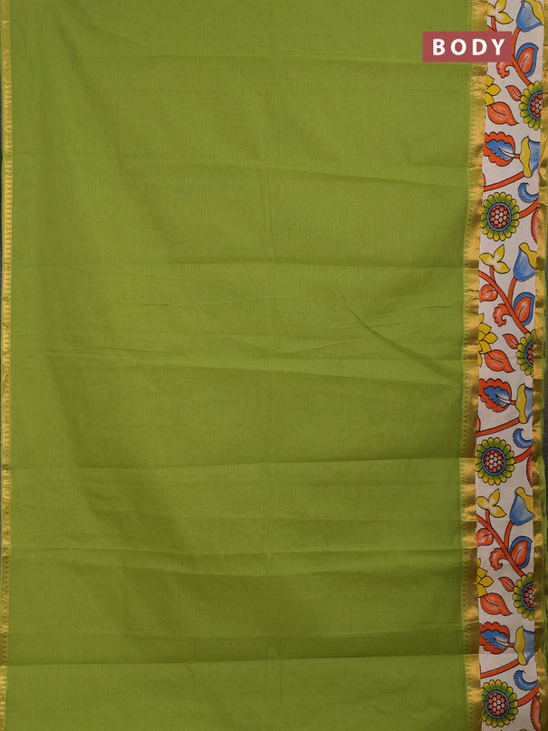Mangalagiri cotton saree light green and off white with plain body and long zari woven kalamkari printed border & blouse