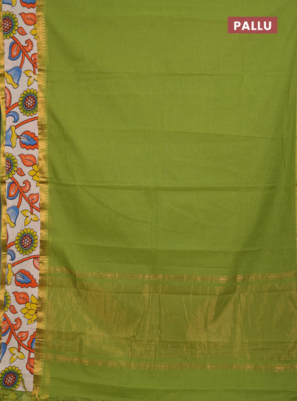 Semi mangalagiri cotton saree light green and off white with plain body and long zari woven kalamkari printed border & blouse
