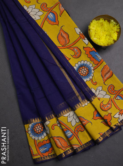 Semi mangalagiri cotton saree navy blue and yellow with plain body and long zari woven kalamkari printed border & blouse
