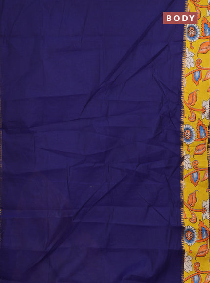 Semi mangalagiri cotton saree navy blue and yellow with plain body and long zari woven kalamkari printed border & blouse