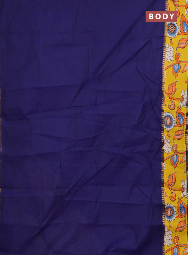 Mangalagiri cotton saree navy blue and yellow with plain body and long zari woven kalamkari printed border & blouse