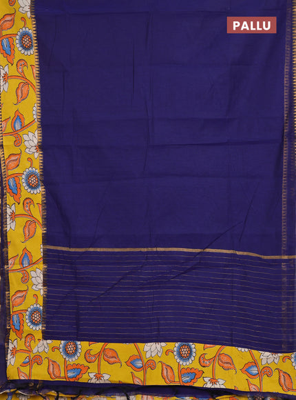 Semi mangalagiri cotton saree navy blue and yellow with plain body and long zari woven kalamkari printed border & blouse