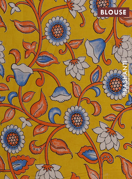 Semi mangalagiri cotton saree navy blue and yellow with plain body and long zari woven kalamkari printed border & blouse
