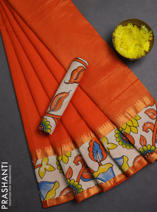 Mangalagiri cotton saree orange and off white with plain body and long zari woven kalamkari printed border & blouse