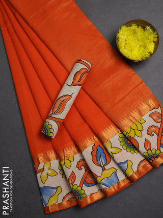 Mangalagiri cotton saree orange and off white with plain body and long zari woven kalamkari printed border & blouse