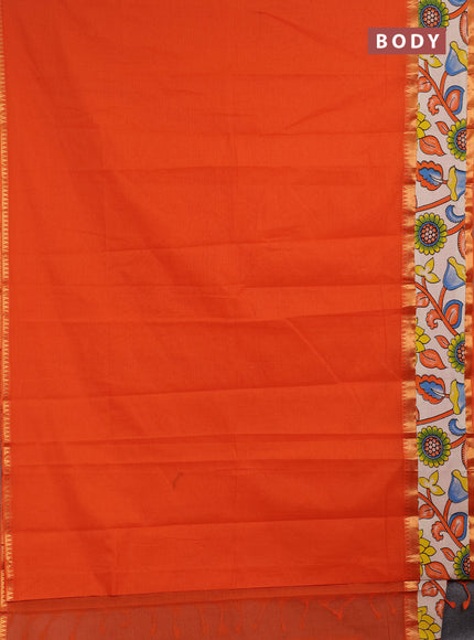 Semi mangalagiri cotton saree orange and off white with plain body and long zari woven kalamkari printed border & blouse