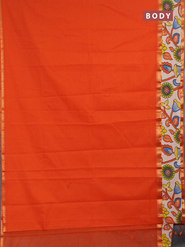 Mangalagiri cotton saree orange and off white with plain body and long zari woven kalamkari printed border & blouse