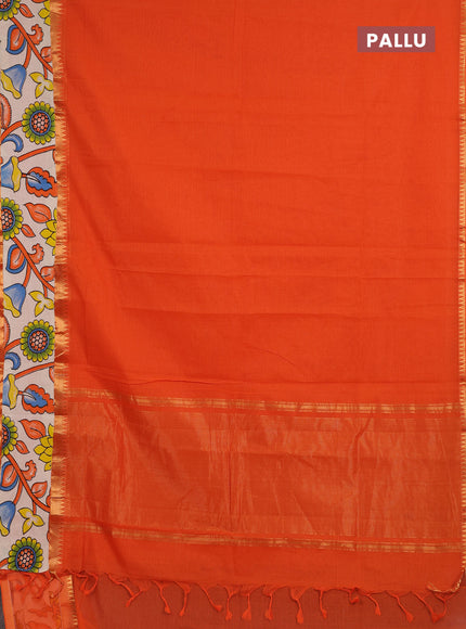 Semi mangalagiri cotton saree orange and off white with plain body and long zari woven kalamkari printed border & blouse
