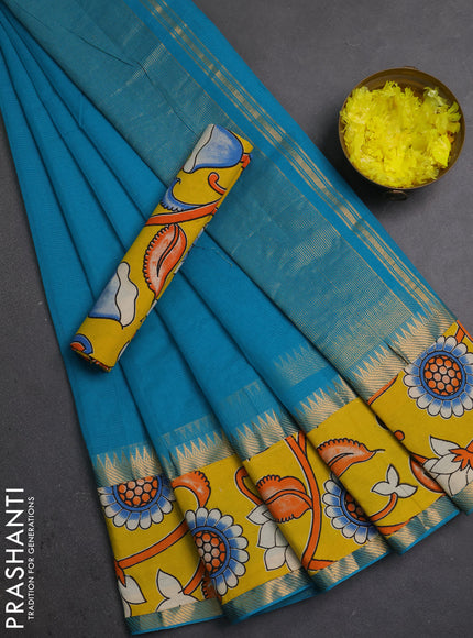 Semi mangalagiri cotton saree teal blue and yellow with plain body and long zari woven kalamkari printed border & blouse