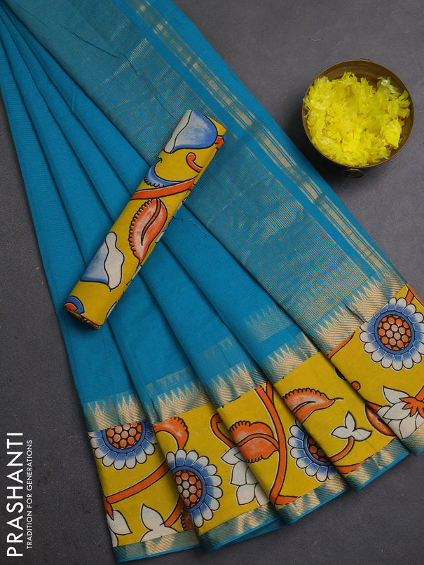 Mangalagiri cotton saree teal blue and yellow with plain body and long zari woven kalamkari printed border & blouse