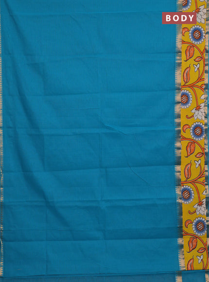 Semi mangalagiri cotton saree teal blue and yellow with plain body and long zari woven kalamkari printed border & blouse