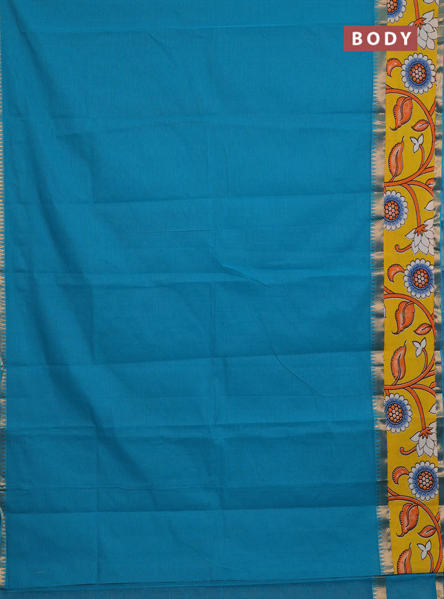 Mangalagiri cotton saree teal blue and yellow with plain body and long zari woven kalamkari printed border & blouse