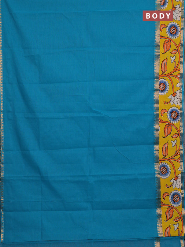 Mangalagiri cotton saree teal blue and yellow with plain body and long zari woven kalamkari printed border & blouse