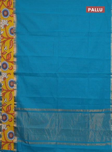 Semi mangalagiri cotton saree teal blue and yellow with plain body and long zari woven kalamkari printed border & blouse