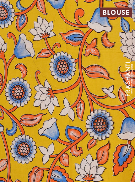 Semi mangalagiri cotton saree teal blue and yellow with plain body and long zari woven kalamkari printed border & blouse