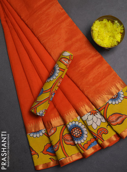 Semi mangalagiri cotton saree orange and yellow with plain body and long zari woven kalamkari printed border & blouse
