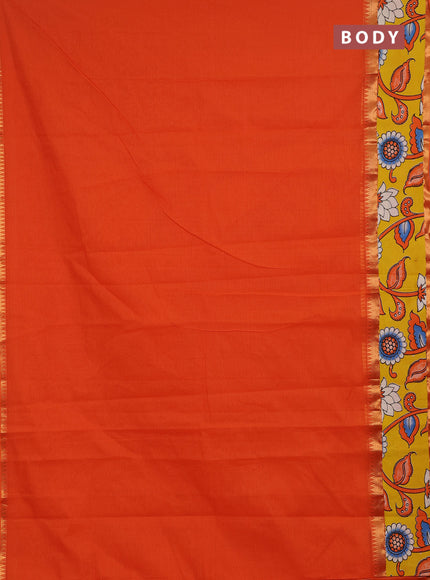 Semi mangalagiri cotton saree orange and yellow with plain body and long zari woven kalamkari printed border & blouse