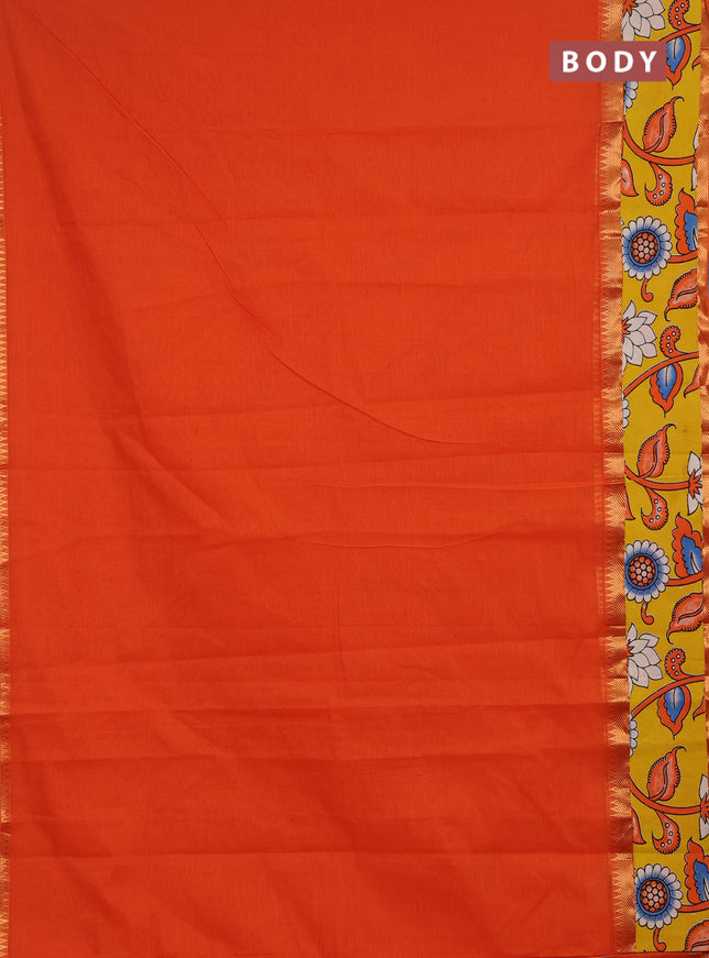Mangalagiri cotton saree orange and yellow with plain body and long zari woven kalamkari printed border & blouse