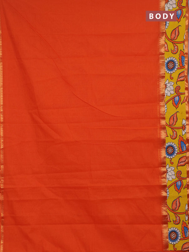 Mangalagiri cotton saree orange and yellow with plain body and long zari woven kalamkari printed border & blouse
