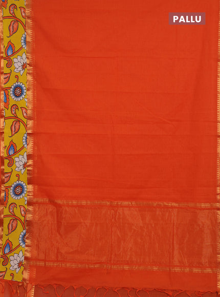 Semi mangalagiri cotton saree orange and yellow with plain body and long zari woven kalamkari printed border & blouse