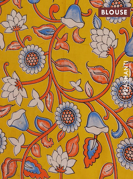 Semi mangalagiri cotton saree orange and yellow with plain body and long zari woven kalamkari printed border & blouse