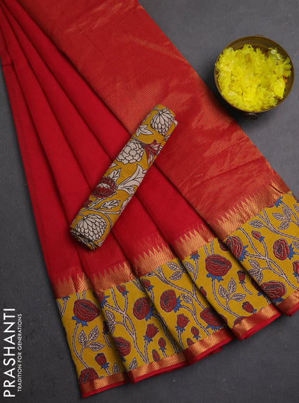 Semi mangalagiri cotton saree red and yellow with plain body and long zari woven kalamkari printed border & blouse