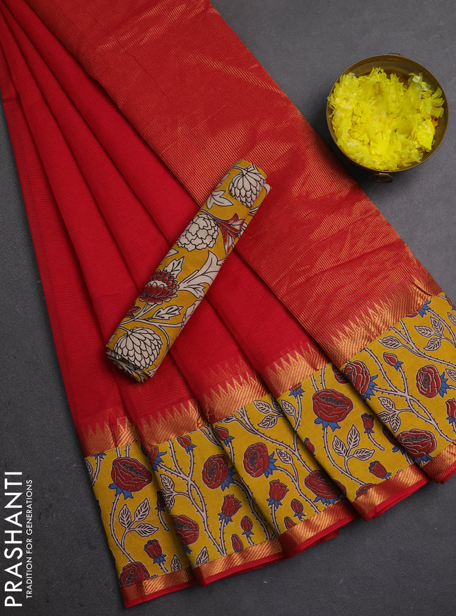 Mangalagiri cotton saree red and yellow with plain body and long zari woven kalamkari printed border & blouse