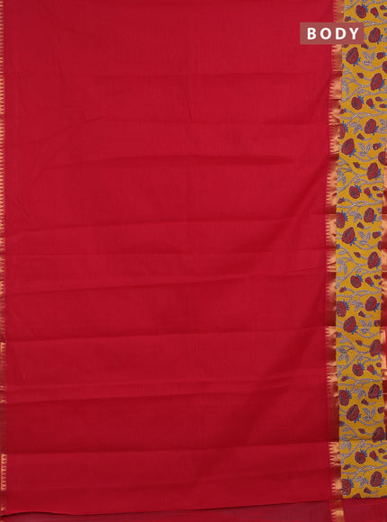 Semi mangalagiri cotton saree red and yellow with plain body and long zari woven kalamkari printed border & blouse