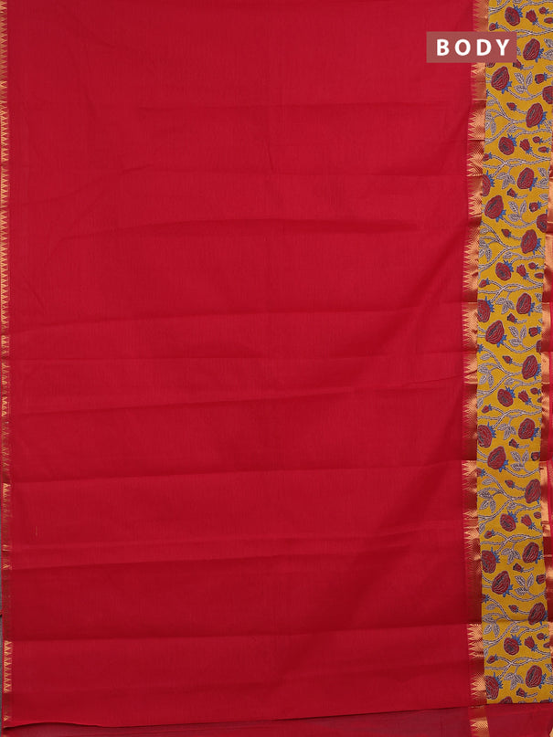Mangalagiri cotton saree red and yellow with plain body and long zari woven kalamkari printed border & blouse