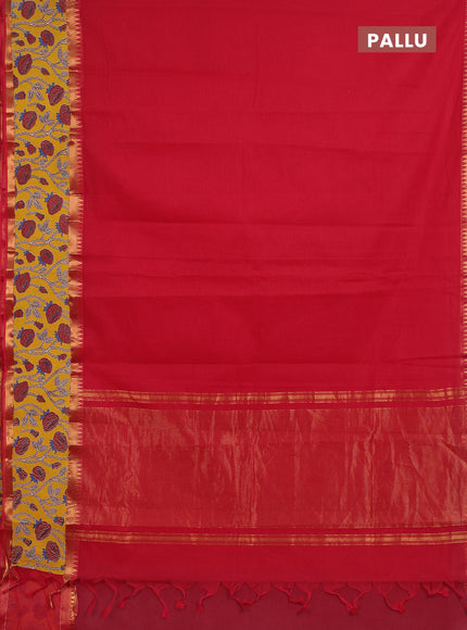 Semi mangalagiri cotton saree red and yellow with plain body and long zari woven kalamkari printed border & blouse