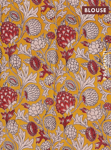 Semi mangalagiri cotton saree red and yellow with plain body and long zari woven kalamkari printed border & blouse