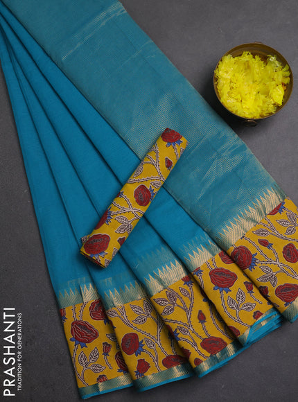 Semi mangalagiri cotton saree teal blue and yellow with plain body and long zari woven kalamkari printed border & blouse