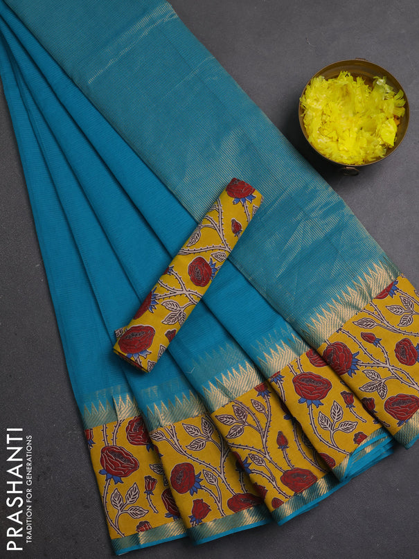 Mangalagiri cotton saree teal blue and yellow with plain body and long zari woven kalamkari printed border & blouse