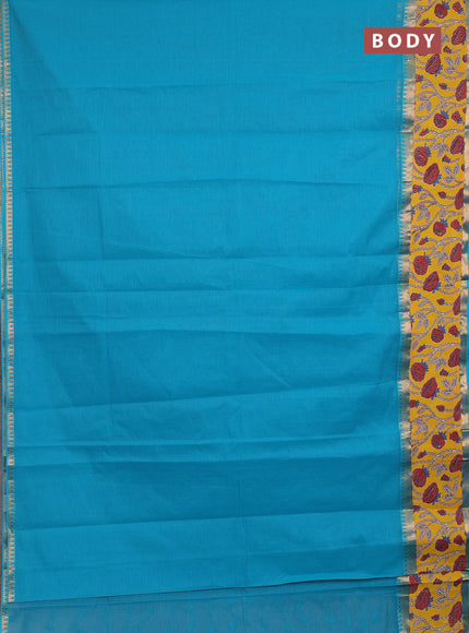 Semi mangalagiri cotton saree teal blue and yellow with plain body and long zari woven kalamkari printed border & blouse