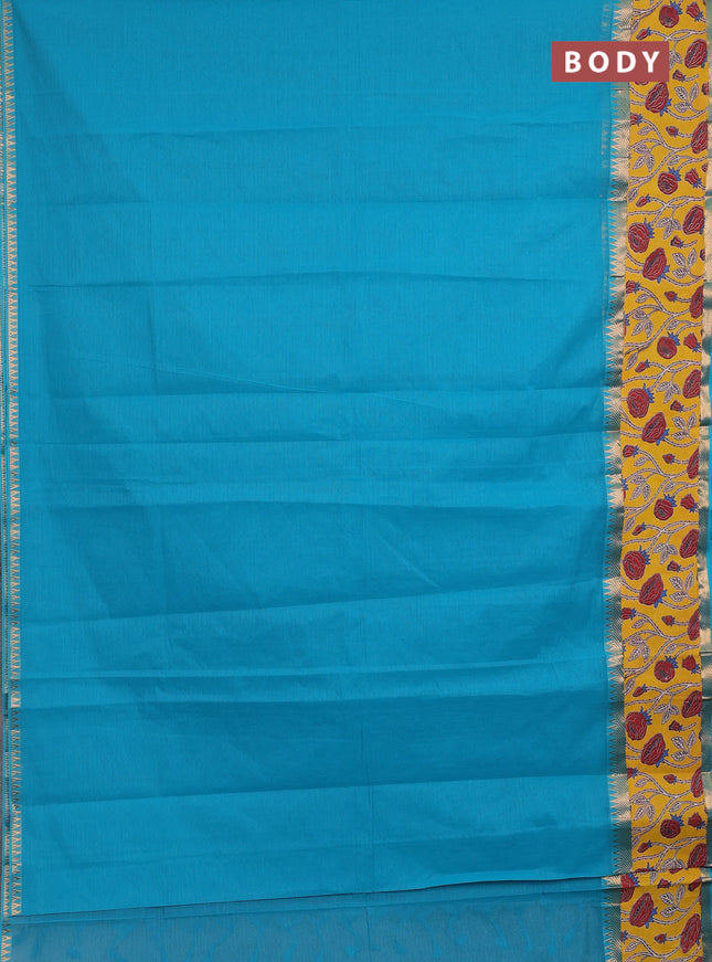 Mangalagiri cotton saree teal blue and yellow with plain body and long zari woven kalamkari printed border & blouse