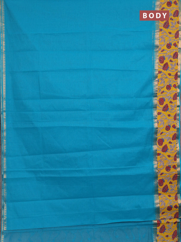 Mangalagiri cotton saree teal blue and yellow with plain body and long zari woven kalamkari printed border & blouse